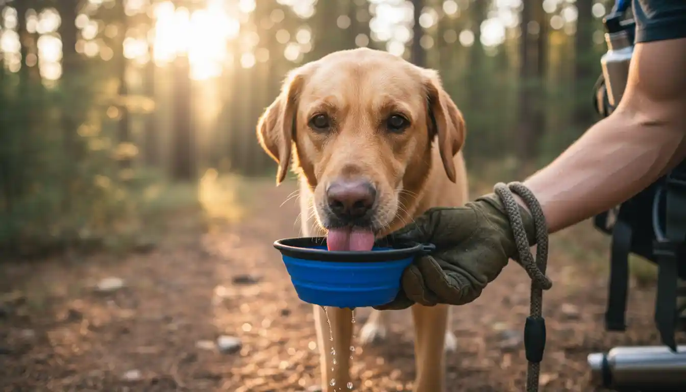 A dog staying hydrated during summer outdoor activities.